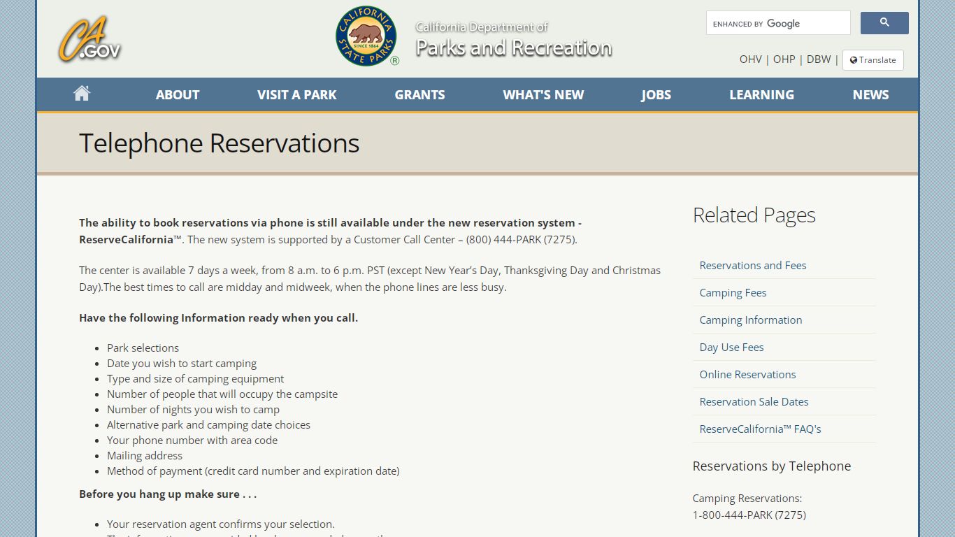 Telephone Reservations - CA State Parks